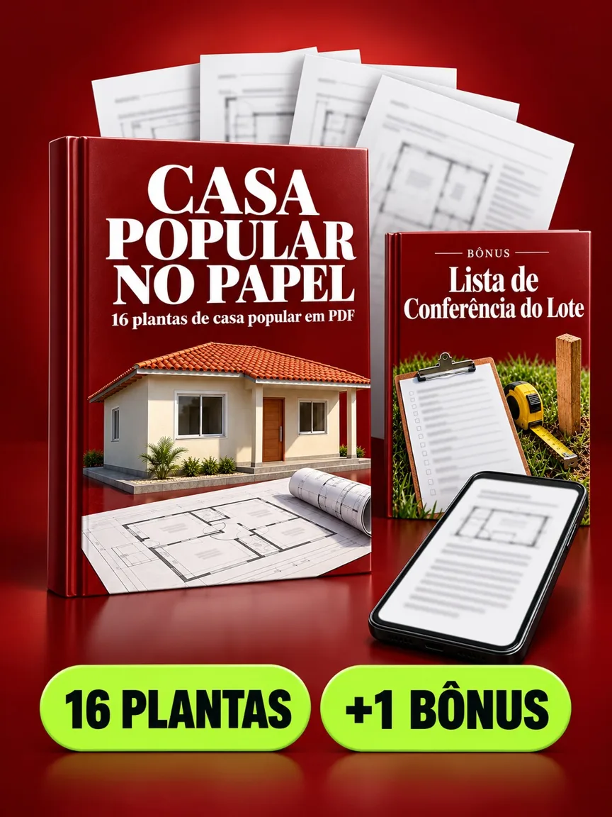 Montagem ilustrativa do Casa Popular no Papel: livro com a capa, páginas do material e celular e capas dos bônus